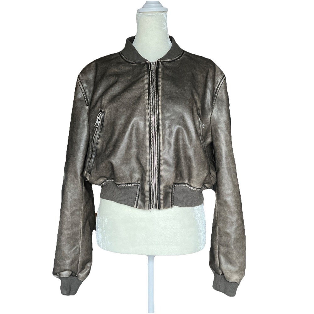Women's Faux‎ Leather Bomber Jacket Brown Cropped Zip Up Unbranded Size M